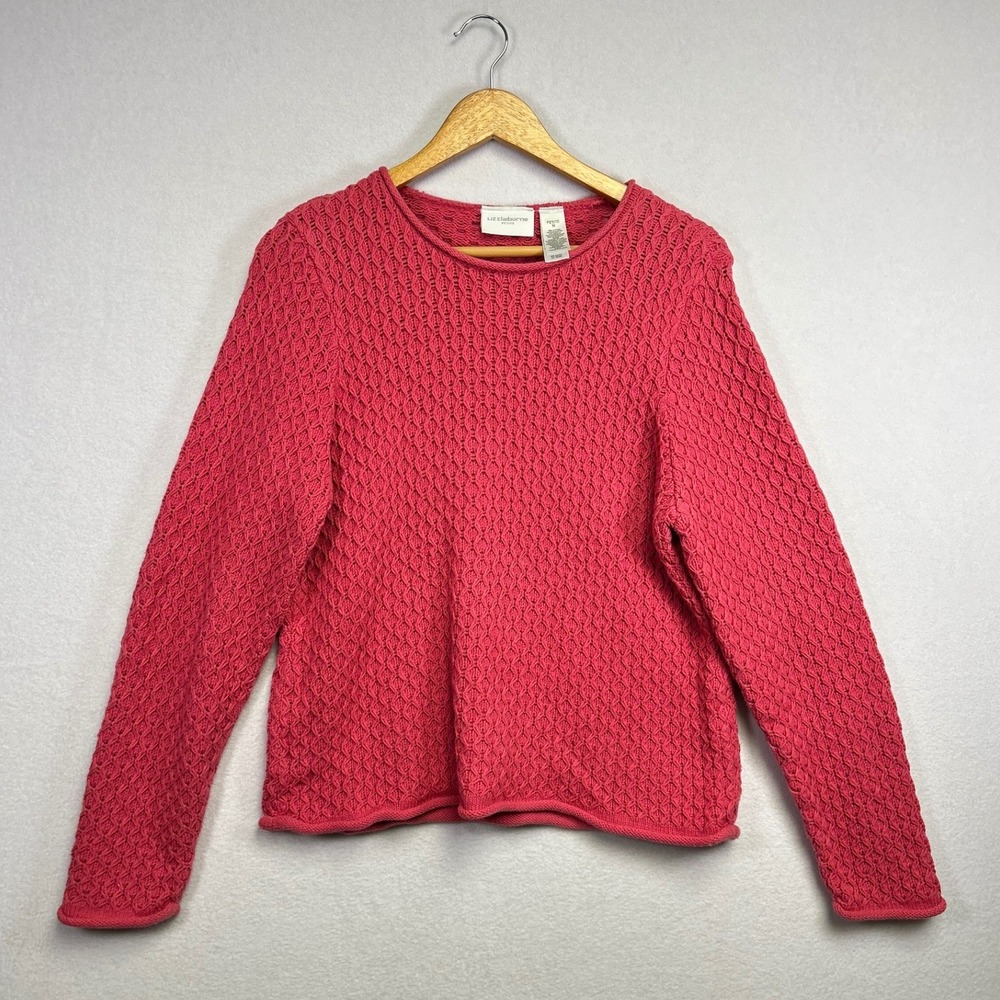 Liz Claiborne‎ Petite Textured Knit Crew Neck Long Sleeve Sweater Coral Medium